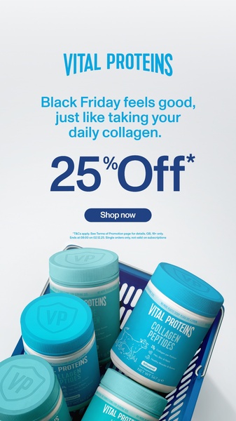 A clean, minimalist 9:16 vertical graphic featuring multiple collagen peptide tubs inside a blue shopping basket to emphasize a special discount offer.